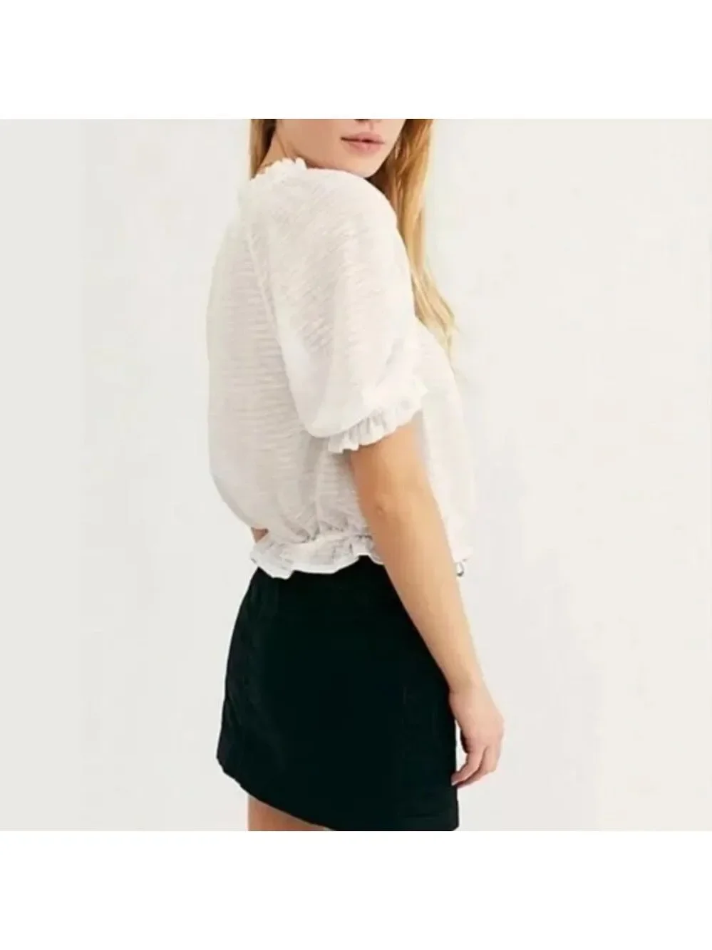 Free People Dorothy Top Cotton blend white puff shirt sleeves drawstring hem L